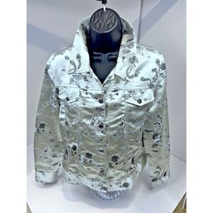 Savion Satin Jacket Women Petite L Silver‎ Black Dragon Embroidery LS